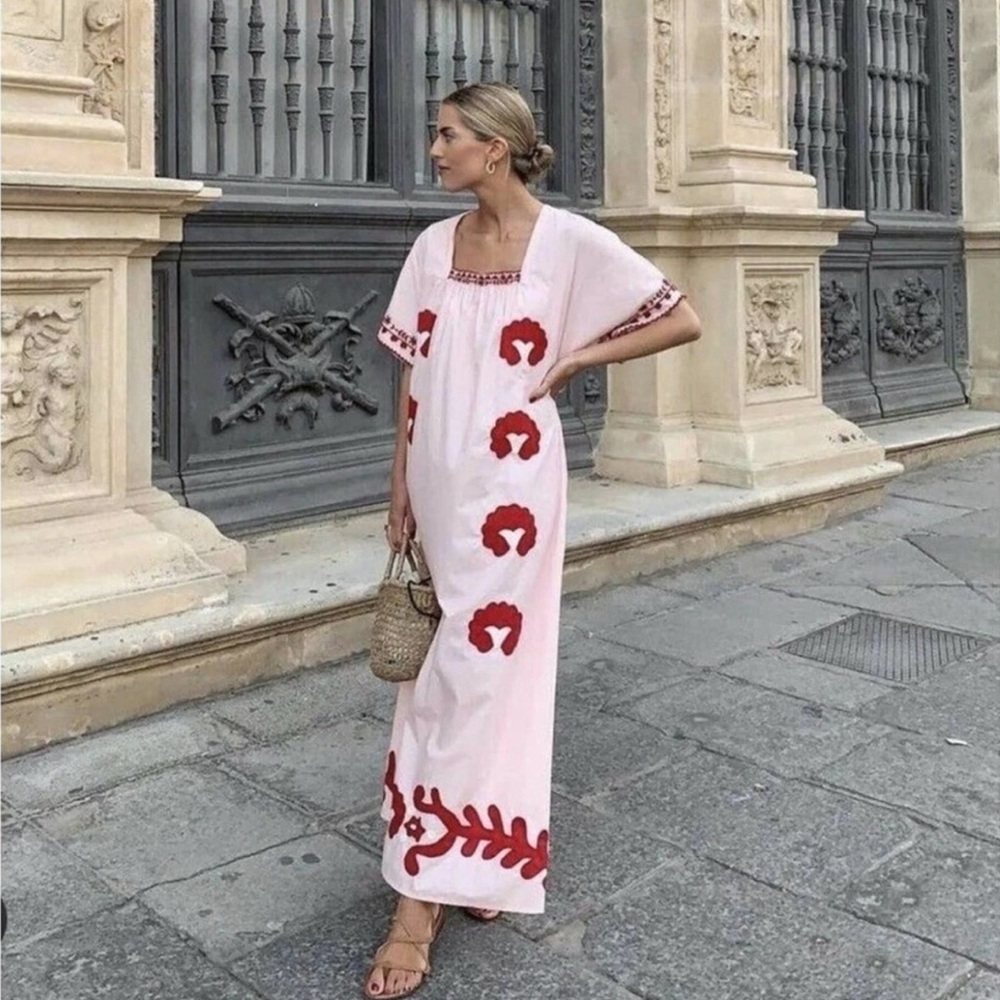 Zara Pink Maxi Dress with Red Embroidery